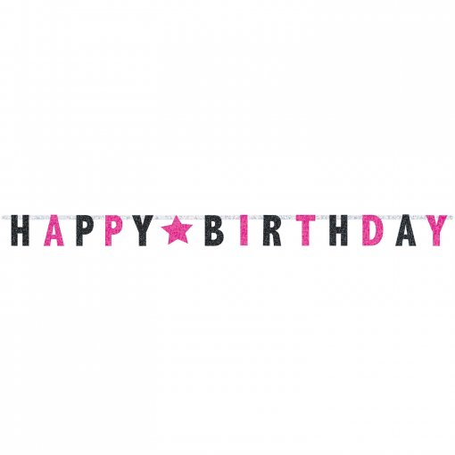 Banner Happy Birthday Rosa & Preto Glitter