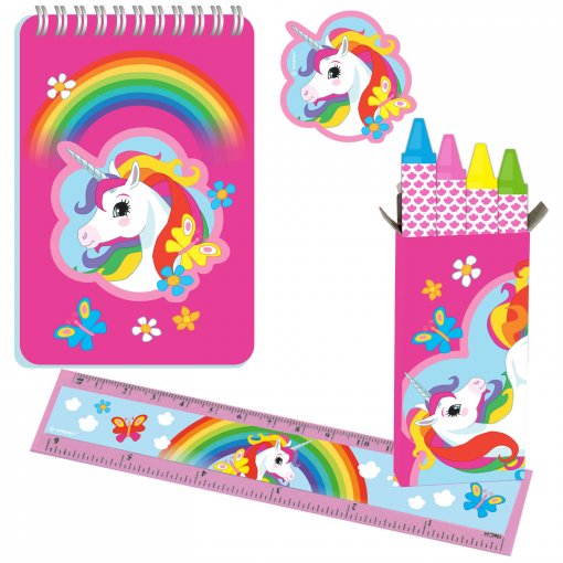 Kit de 20 Artigos de Papelaria Unicórnio Rainbow