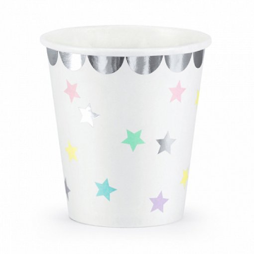 6 Copos Papel 180ml  Branco e Prateado Estrelas coloridas