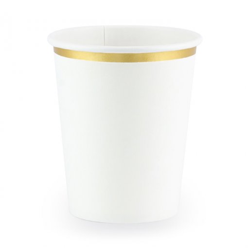 6 Copos Papel 220ml EU Branco rebordo Dourado