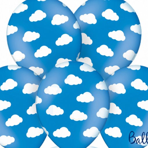 6 Balões Latex 12'' Azul Médio Nuvens Branco
