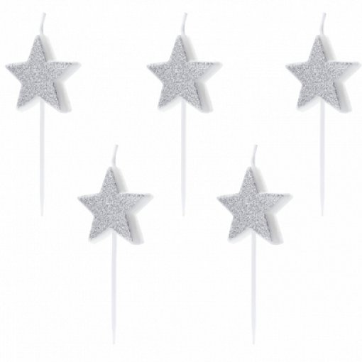 5 Velas de Aniversário Estrelas Prateadas
