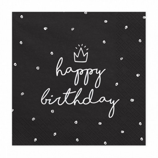 20 Guardanapos 33x33cm Preto 'Happy Birthday' Branco