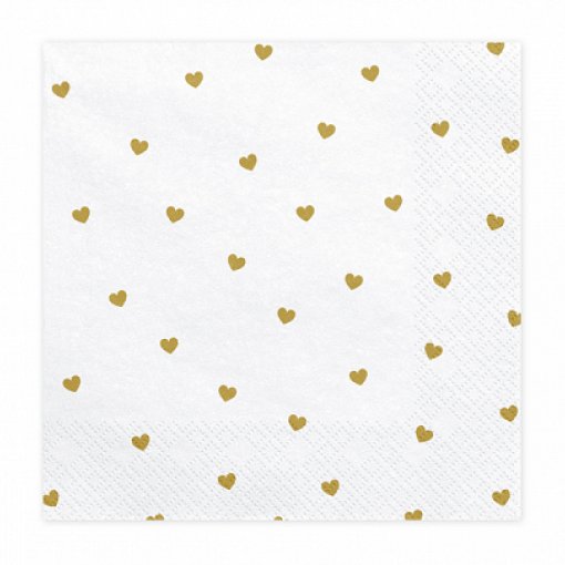20 Guardanapos 33x33cm Branco com Corações Dourado