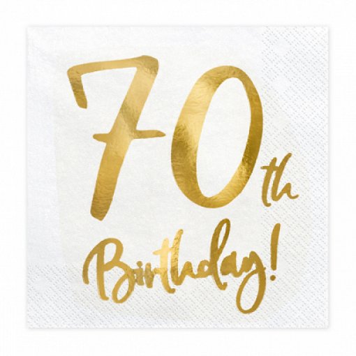 20 Guardanapos 33x33cm '70th Birthday' Branco e Dourado Foil