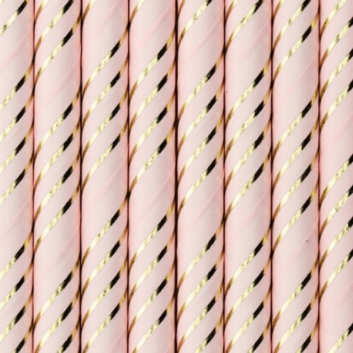 10 Palhinhas de Papel Rosa Claro com riscas Douradas