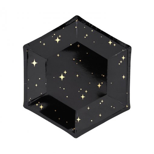 6 Pratos 20cm Preto Estrelas Dourado