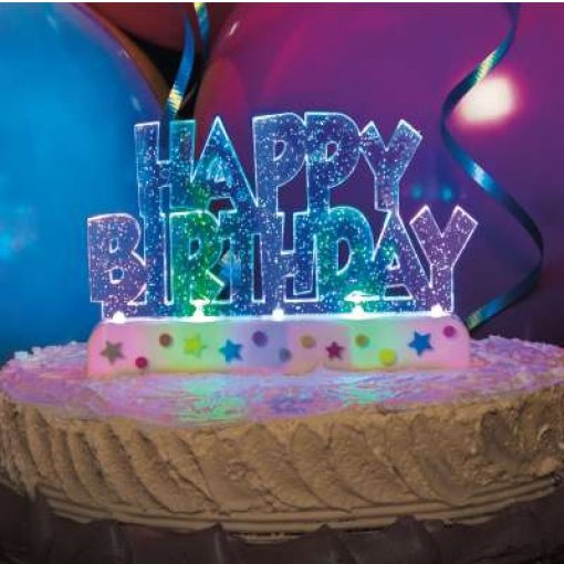 Topo de Bolo com LED 'Happy Birthday' Transparente Colorido