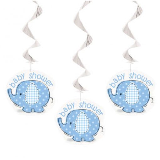 3 Pendentes Decorativos Espirais Baby Shower Elefante Azul