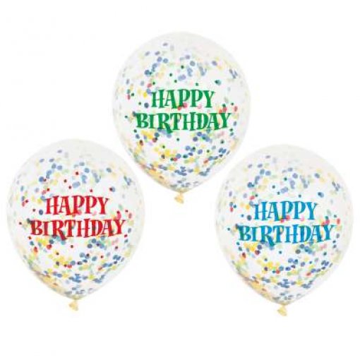 6 Balões Latex 12'' com confettis Cor Sortida 'Happy Birthday'