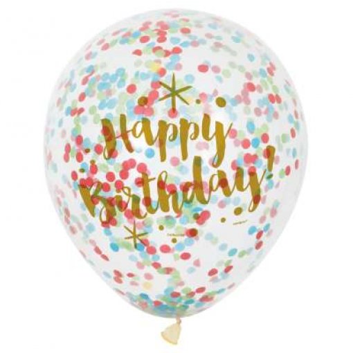 6 Balões Latex 12'' com confettis Cor Sortida 'Happy Birthday'