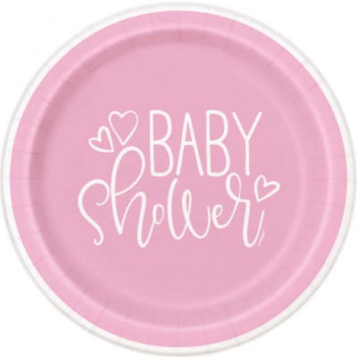 8 Pratos 23cm Pink Hearts Baby Shower