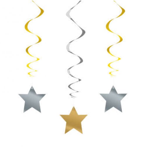 3 Pendentes Decorativos Estrelas Prateado & Dourado