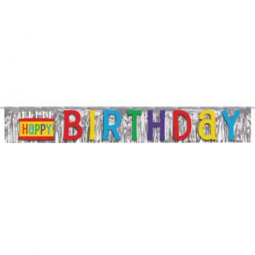 Grinalda 'Happy Birthday' Colorida Franjas Prateado Foil