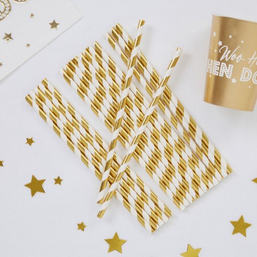 25 Palhinhas Papel Riscas Dourado Foil