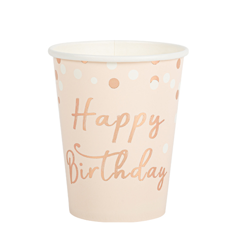 8 Copos 255ml Happy Birthday Confettis Rose Gold