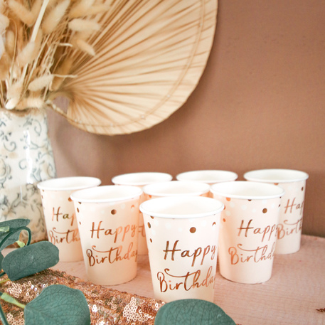 8 Copos 255ml Happy Birthday Confettis Rose Gold