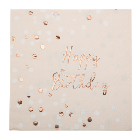 16 Guardanapos 33cm Happy Birthday Confettis Rose Gold