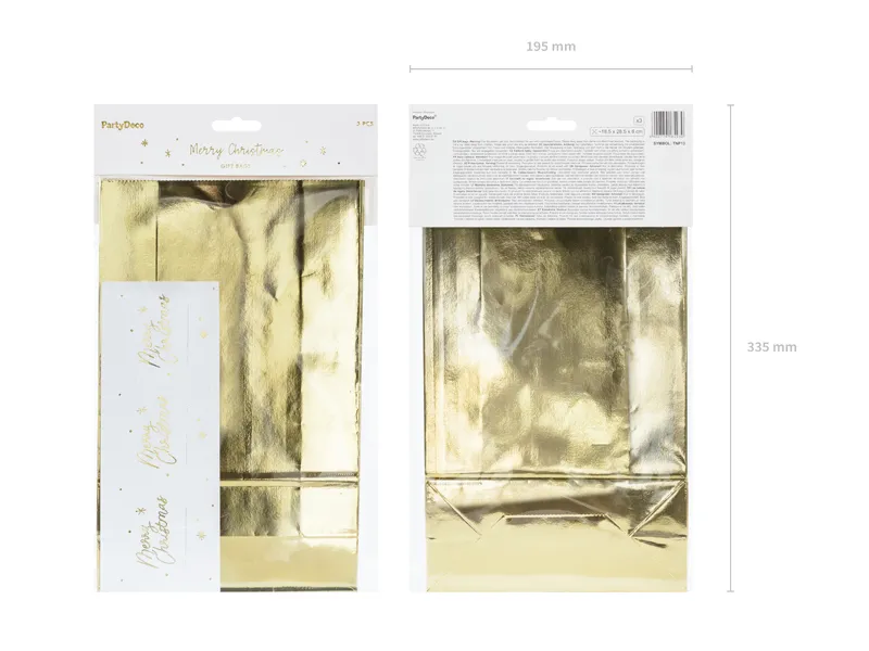 3 Sacos para Presente 18.5x28.5x8cm Dourado Foil - Natal