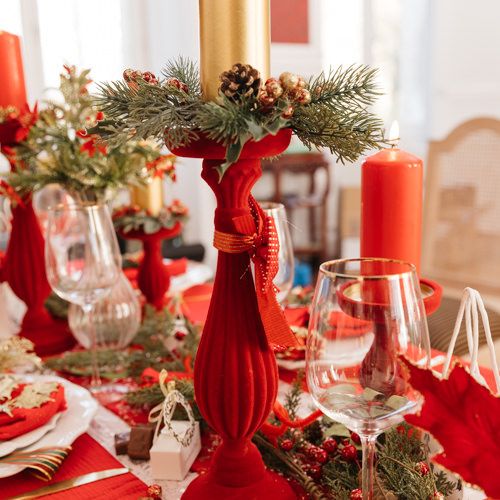 Castiçal Barroco Vermelho veludo 11x34cm