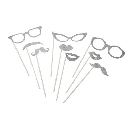 9 Adereços Fotografia (Photo booth) Prateado Glitter