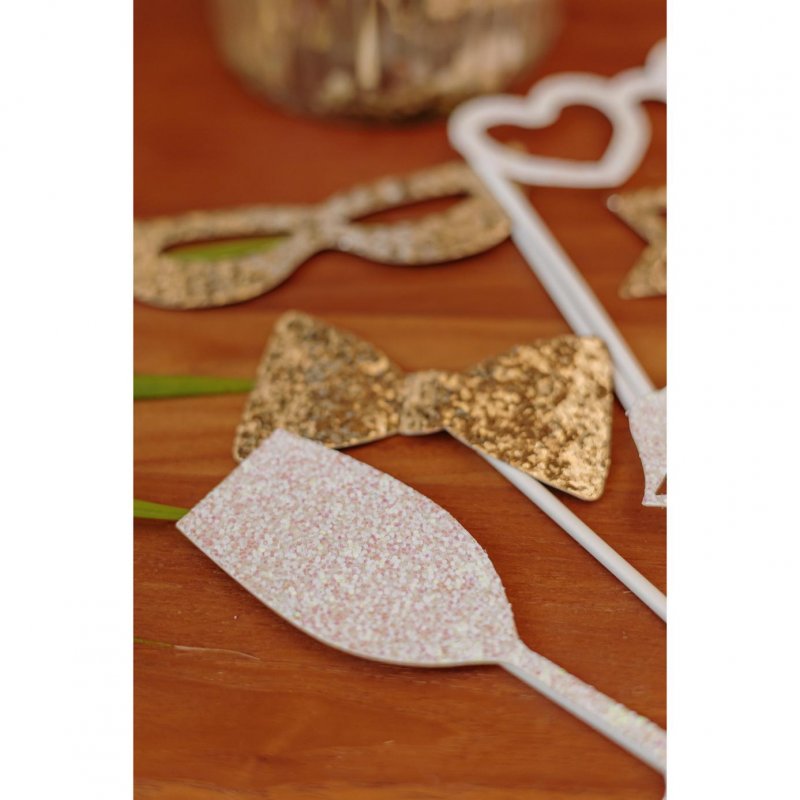 8 Adereços Fotografia (Photo booth) Festa Branco e Dourado Glitter