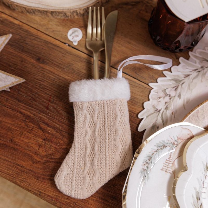 Meia de Tricot 14x9,5cm Bege e Branca - Natal