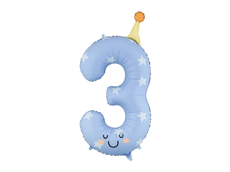 Balão Foil 86cm Smile com Chapéu Nº3 Azul Estrelas