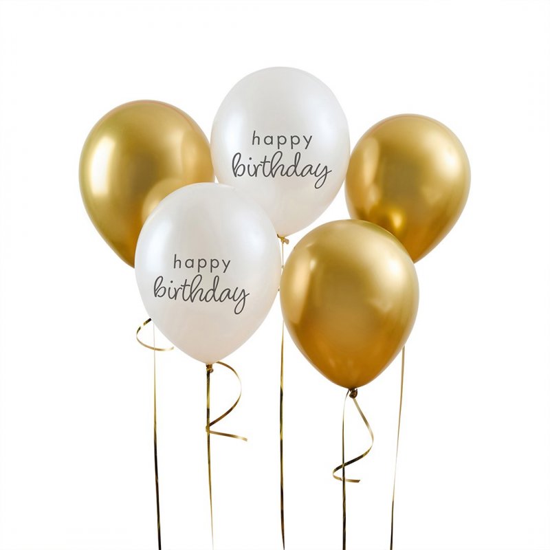 5 Balões Látex 30cm Happy Birthday Dourado e Branco