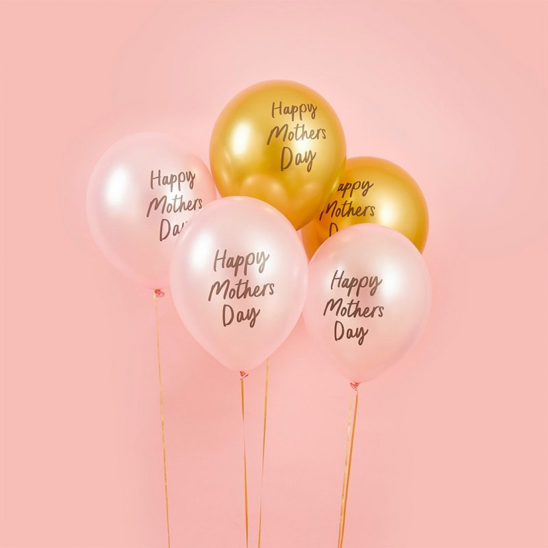 5 Balões Látex 30cm Happy Mothers Day Rosa e Dourado