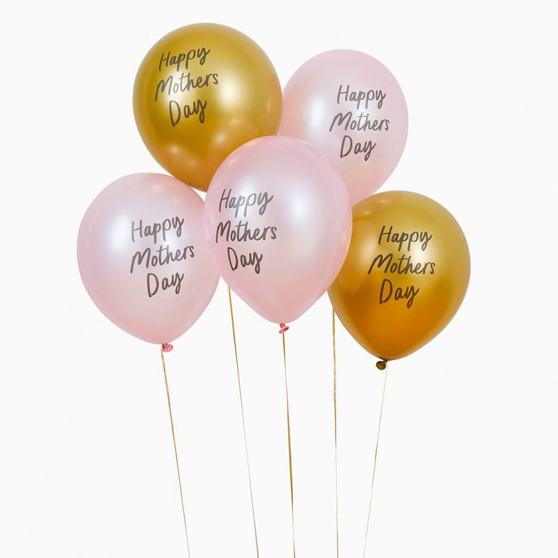 5 Balões Látex 30cm Happy Mothers Day Rosa e Dourado