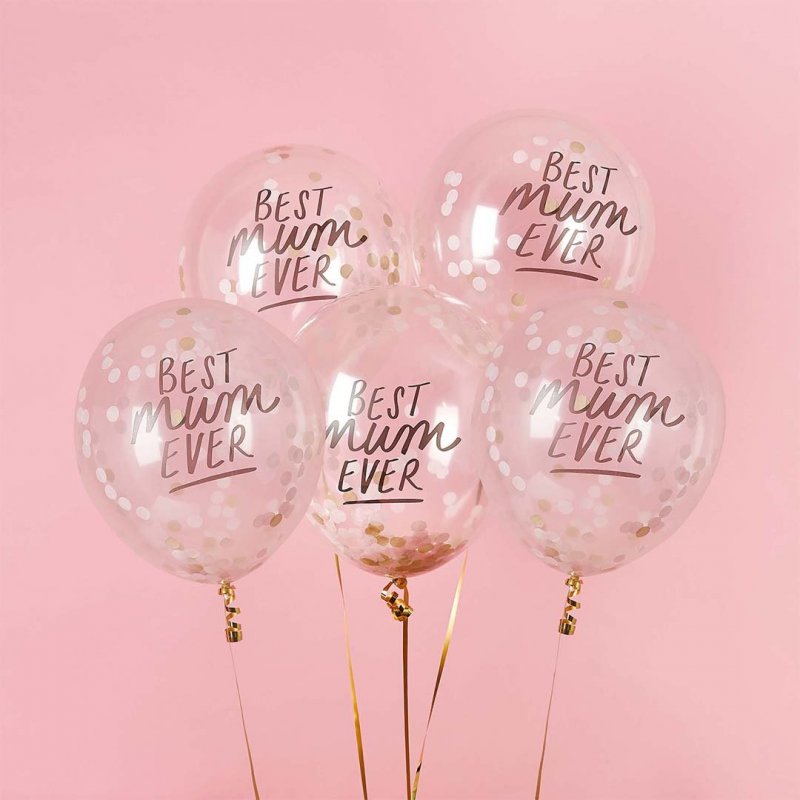 5 Balões Látex Transparentes 30cm Best Mum Ever com Confettis