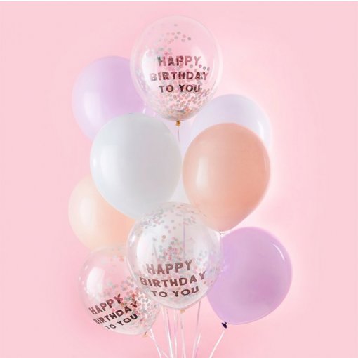 12 Balões Latex 30cm 'Happy Birthday To You' Confettis