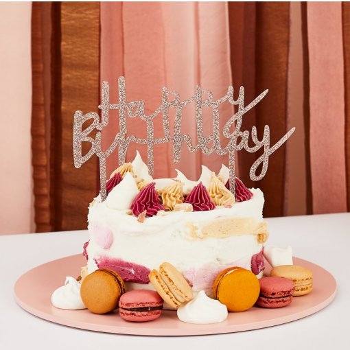Topo de Bolo Acrílico Happy Birthday Rose Gold