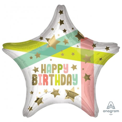 Balão Foil S40 Happy Birthday Gold Stars & Colours