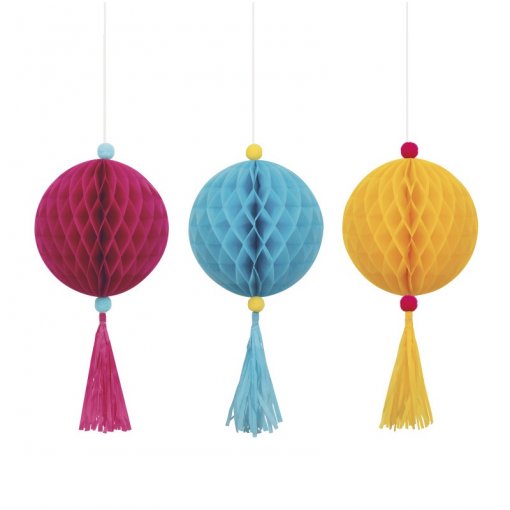 3 Bolas pendentes com Tassel Amarelo, Rosa & Azul