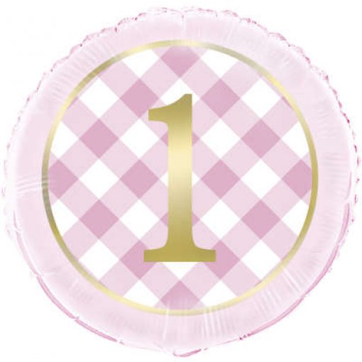 Balão Foil 18'' Pink Gingham 1st Birthday