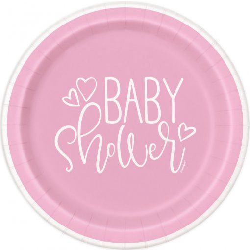 8 Pratos 18cm Pink Hearts Baby Shower