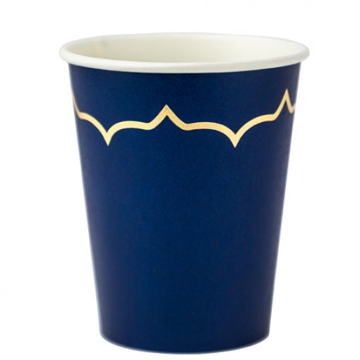 8 Copos 255ml Azul Escuro Rebordo Dourado