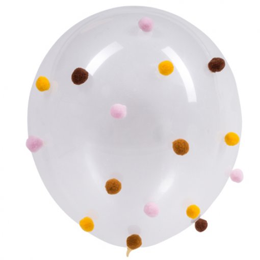 5 Balões Latex 30cm com PomPons Mostarda, Chocolate, Rosa e Camel