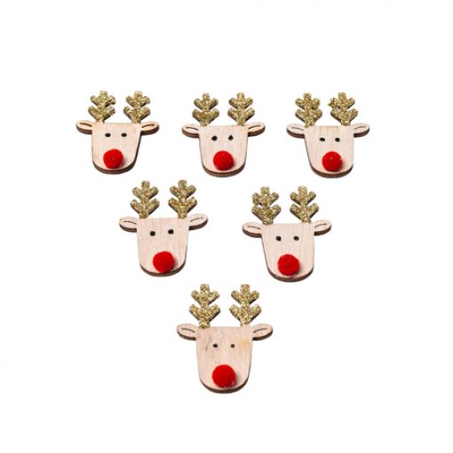 6 Decorações Madeira Rudolph com nariz Vermelho & Glitter Natal
