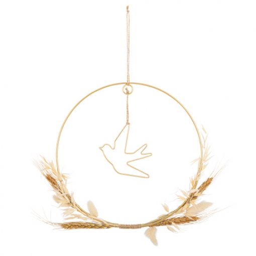 Decoração Pendente Arco de metal Dourado 25cm Pomba com Flores Secas (Batizado / Comunhão)