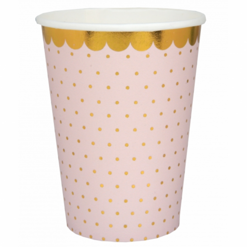 10 Copos 27cl Rosa Claro Bolinhas Douradas