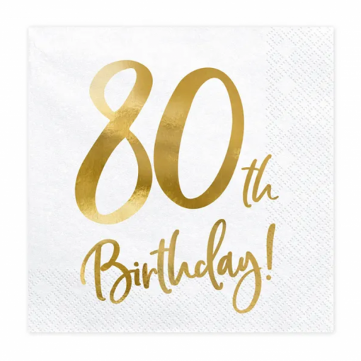 20 Guardanapos 33x33cm '80th Birthday' Branco e Dourado Foil