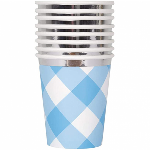 8 Copos 267ml Blue Gingham 1st Birthday Foil