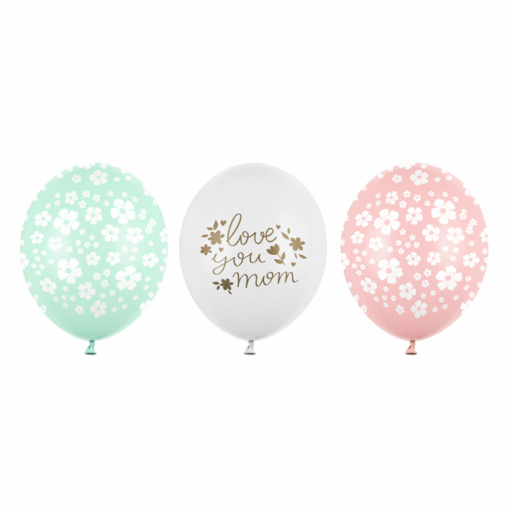 50 Balões Latex 30cm 'Love you mom' Flores (Dia da Mãe)