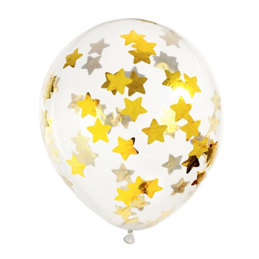 6 Balões Latex 12'' com confettis estrelas dourado