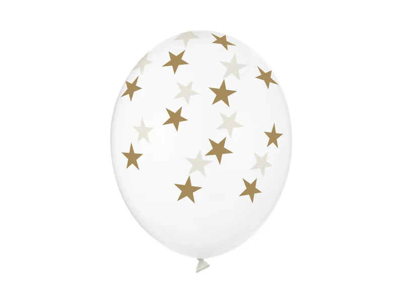 6 Balões Latex 12'' Transparente Estrelas Dourado