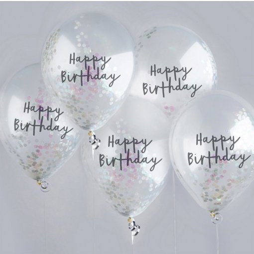5 Balões Latex 30cm Confettis Happy Birthday Iridescente