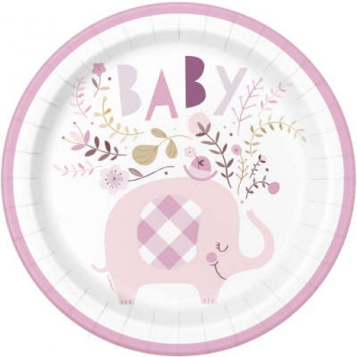 8 Pratos 23cm Pink Floral Elephant Baby Shower